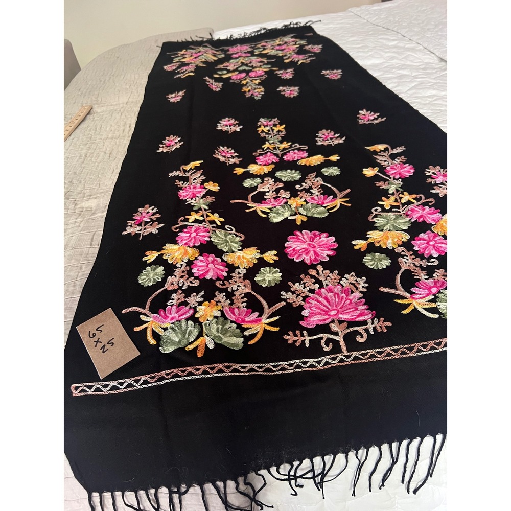Pashmina 100% Cashmere Floral Embroidered Shawl Rebozo Black Fringe Wrap 65x25